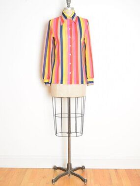 vintage 70s disco shirt rainbow stripe printed pointy dagger collar blouse top M